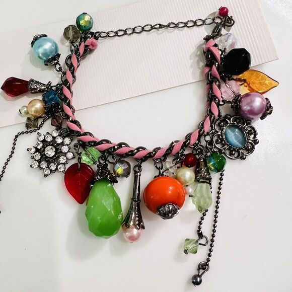 Art Glass Dangle Charm Bracelet Faux Pearl Leather Rhinestone Dangle Green Orang - Picture 4 of 9